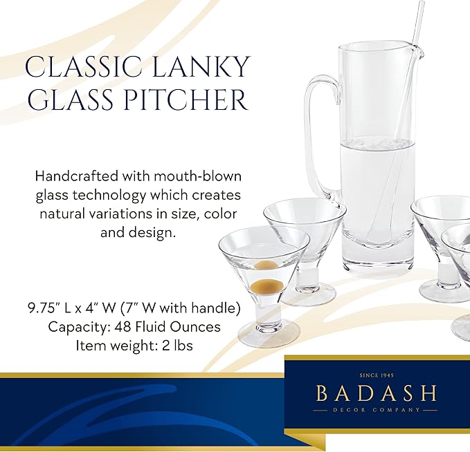 Badash Crystal Glass Pitcher - 9.75” Tall Mouth-Blown Lead-Free Crystal Glass Pitcher - 48 oz. Cocktail Pitcher - Cylinder Pitcher for any Beverage