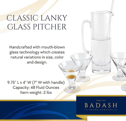 Badash Crystal Glass Pitcher - 9.75” Tall Mouth-Blown Lead-Free Crystal Glass Pitcher - 48 oz. Cocktail Pitcher - Cylinder Pitcher for any Beverage