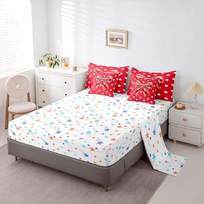 Feelyou Red Bowknot 7 Piece Bedding Set Polka Point Comforter Set with Sheets for Kids Boys Girls Cute Bow Bed in a Bag Princess Theme Bed Set Soft Lightweight