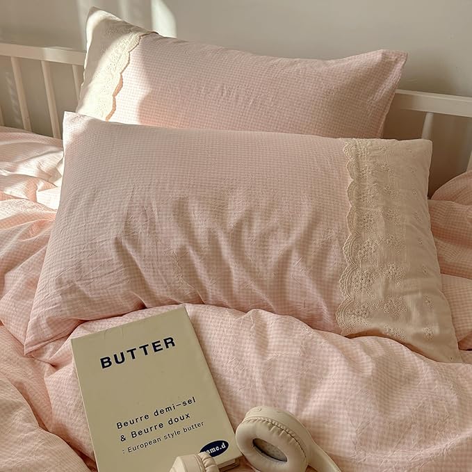 mixinni Light Pink Gingham Comforter Set Full - 3 Piece Soft Washed Microfiber Plaid Bedding Set with Lace Trim, All Seasons Fluffy Comforter & Pillowcases, Farmhouse French Country Aesthetic