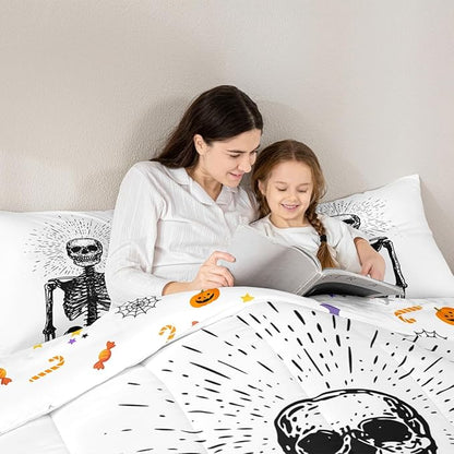 Erosebridal Halloween Skeleton Queen Bedding Set, Gothic Skull Comforter Set for Kids Boys Teens Men Bedroom Decor, Spooky Halloween Comforter, Skull Quilt with 2 Pillowcases