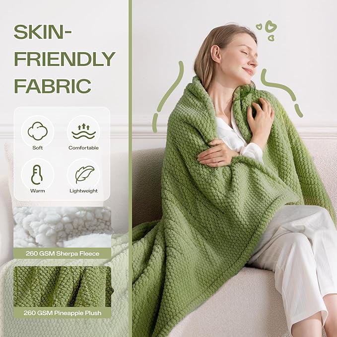 Queen Size Heated Electric Blanket, 84" x 90" Fast Heating Sherpa Blanket with Dual Control, 8 Heating Levels & 10 Hours Auto Off, Machine Washable with ETL & FCC Certified, Green