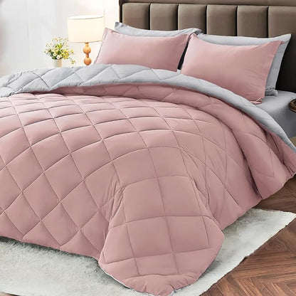 MUXHOMO 7 Pieces California King Comforter Set, Reversible Bed in a Bag Cal King Size, All Season Bedding Set with Comforter, Flat Sheet, Fitted Sheet, Pillowcases & Shams, Pink & Light Grey