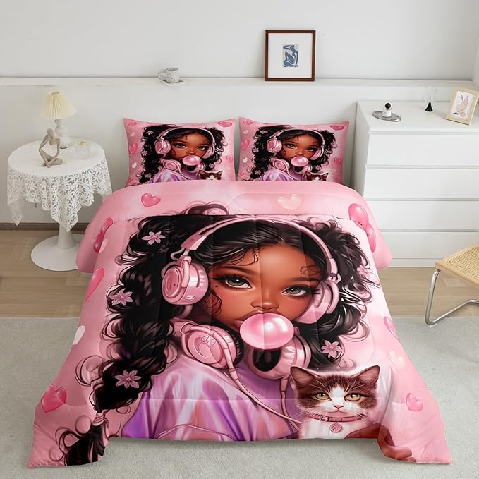 Black Skin Girl Kids Comforter Set Toddler Size,Loce Heart Cute Cat Animal Pet Bedding Set,Girls Women Room Decor,Afro American Theme Princess Down Comforter,Pink Dreamy Duvet Insert,1 Pillowcase