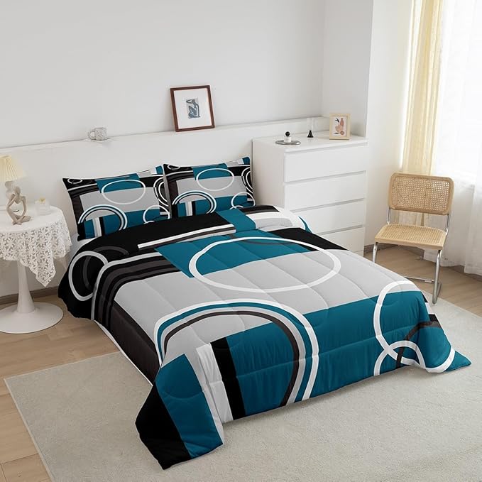 Erosebridal Modern Turquoise Decor Comforter Set Gray Black Blue Stripe Geometric Down Comforter Twin Size Retro Circle Swirls Bedding Set Modern Abstract Texture Color Art Duvet Set