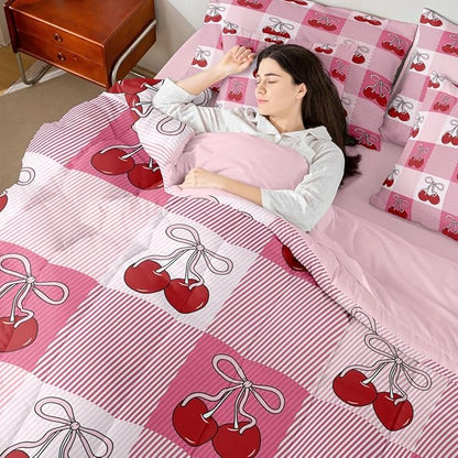 Feelyou Cherry Prints Comforter Set Full Size 7 Pieces Pink Bow Bedding Set for Kids Boys Girls Buffalo Check Bed in a Bag with Comforter, Sheets, Pillowcases, Cushion Covers Cute Fruit Bedroom Decor