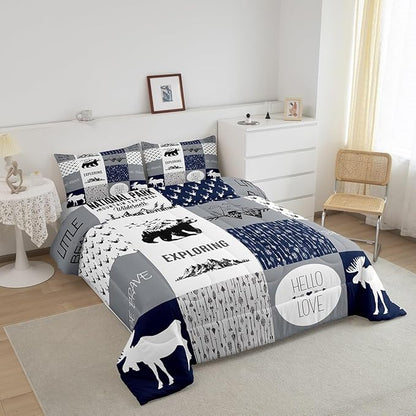 Bear Deer Comforter Set Hunting Camping Bedding Set for Kids Boys Girls Deer Antler Comforter Rustic Cabin Plaid Duvet Set 1 Comforter Set with 2 Pillowcases Full Size Boys