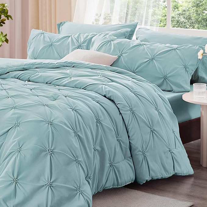 BEDELITE Dusty Blue Twin Comforter Set - 2 Peices Boho Pintuck Bedding Comforter Sets, Lightweight Soft & Warm Twin Bedding Sets with 1 Pillowcase for All Season