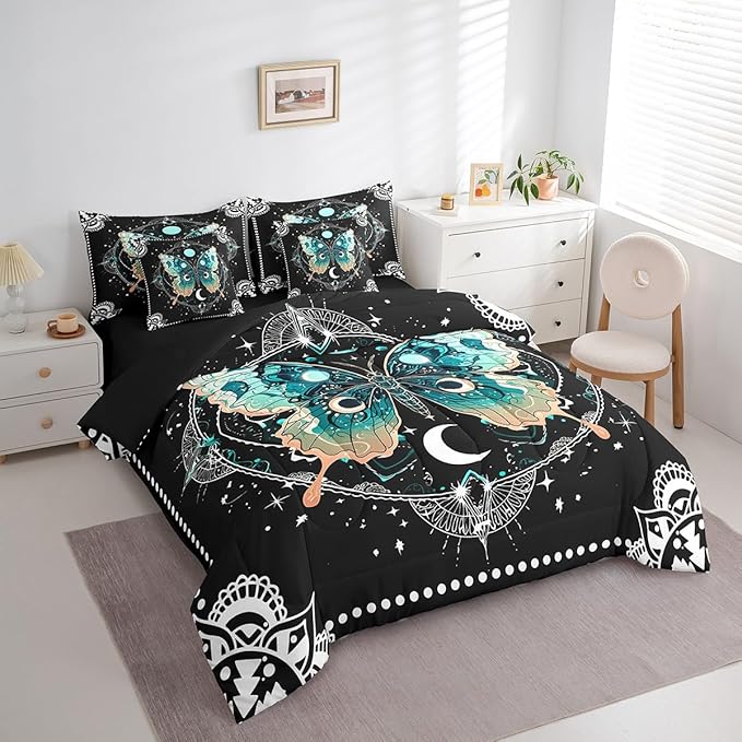 Feelyou Death Moth Bedding Set With Comforter, Skull Decor Comforter Full Size 7Pcs Halloween Decorations Bed in a Bag with Comforter, Boho Moth Gothic Flat Sheet, Fitted Sheet, Pillowcases Room Decor