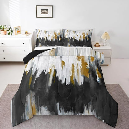 Erosebridal Black Grey Bedding King Brush Strokes Oil Painting Comforter Set, Gradient Abstract Chic Vintage Duvet Insert Ombre Graffiti Down Comforter, Contemporary Modern Bedding Comforter Sets