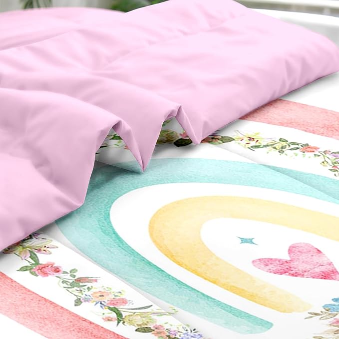 Comforter Set Twin Size, Cute Heart Pink Rose 5 Pcs Bedding for Kids and Adults, Rainbow Leaves Vintage Bed Sheet Sets with Fitted Sheet Pillowcase & Sham for Bedroom Bed Decor