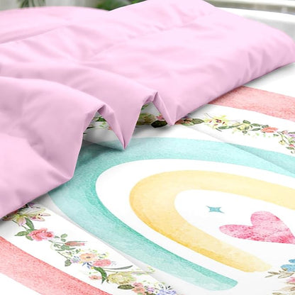 Comforter Set Twin Size, Cute Heart Pink Rose 5 Pcs Bedding for Kids and Adults, Rainbow Leaves Vintage Bed Sheet Sets with Fitted Sheet Pillowcase & Sham for Bedroom Bed Decor