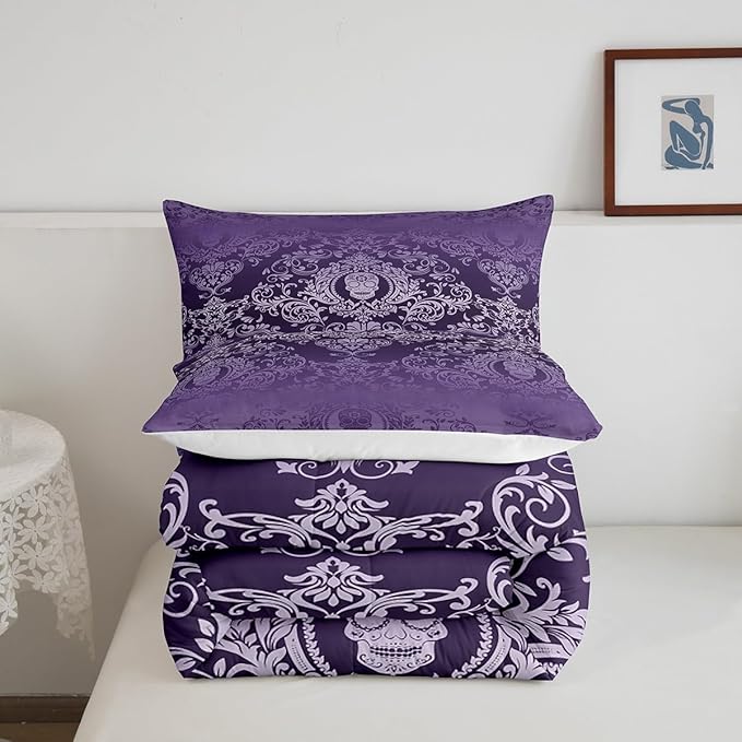 Feelyou Adults Purple Vintage Damask Floral Comforter Set Oriental Antique Comforter King Size Gothic Bohemia Boho Bedding Set Exotic Sugar Skull Duvet Set Quilt Set 3Pcs