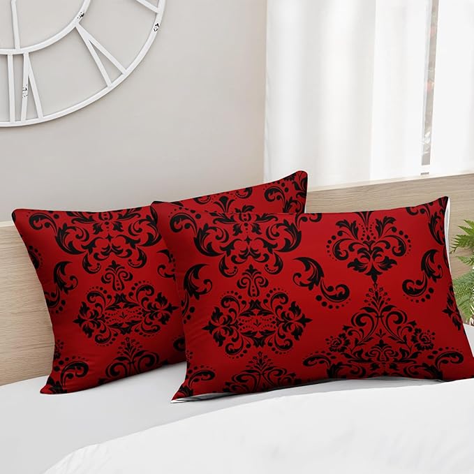 Red Gothic Floral Print Comforter Set King Size,Vintage Damask Floral Bedding Set,Bohemian Exotic Printed Quilted Set for Teens Adult,with 1 Comforter and 2 Pillow Case