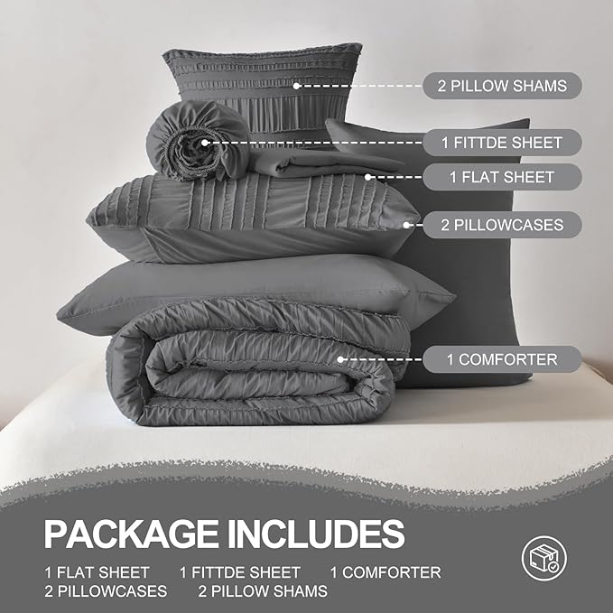 Dark Grey Tufted Textured Comforter Set King Size, 7 Piece Bed in a Bag，Shabby Chic Boho Bedding for Bedroom Comforter，All Season Soft Microfiber Ruffle Comforter Set with Pillow and Sheets