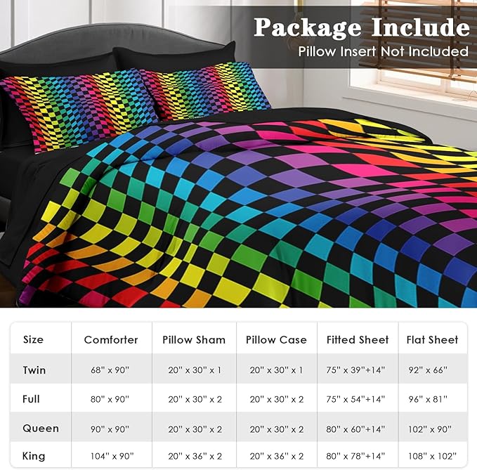 Comforter Set Full Size, Rainbow Geometric 7 Pcs Bedding for Kids and Adults, Colorful Wavy Bed Sheet Sets with Fitted Sheet 2 Pillowcases & 2 Shams for Bedroom Bed Decor