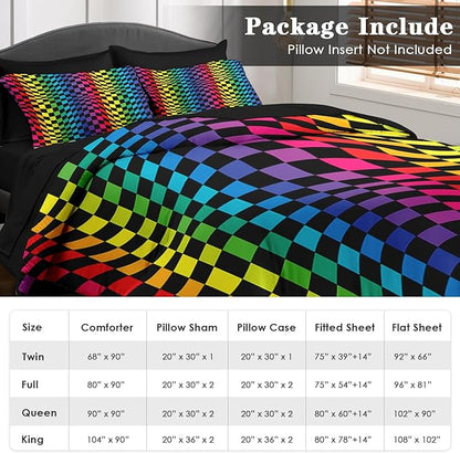 Comforter Set Full Size, Rainbow Geometric 7 Pcs Bedding for Kids and Adults, Colorful Wavy Bed Sheet Sets with Fitted Sheet 2 Pillowcases & 2 Shams for Bedroom Bed Decor