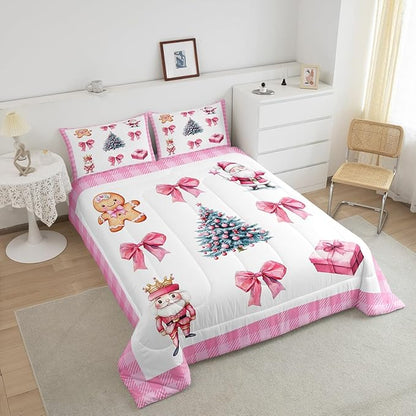 Erosebridal Christmas Tree Bedding Comforter Sets Pink Xmas Bowknot Bedding Set Twin for Kids Girls Teen,Cute Santa Claus Gingerbread Man Comforter Set Kawaii Grid Plaid Quilt Duvet