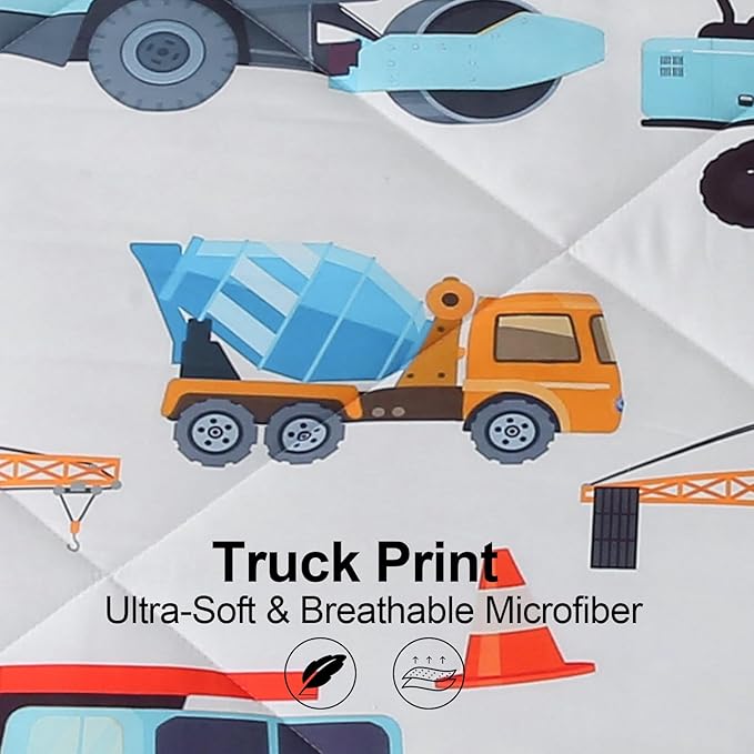 7 Pieces Boys Comforter Set Twin Size Excavator Bedding Set Cartoon Car Kids Bed in a Bag Construction Truck Bedding for Children Kids Boys Teens for Birthday Choice