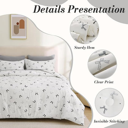 7 Pieces Black Bow Comforter Set for Girls Kids Soft Fluffy Bedding Set Queen Size Bed in A Bag as Gifts (1 Comforter, 1 Flat Sheet, 1 Fitted Sheet, 2 Pillowcase and 2 Pillow Sham)
