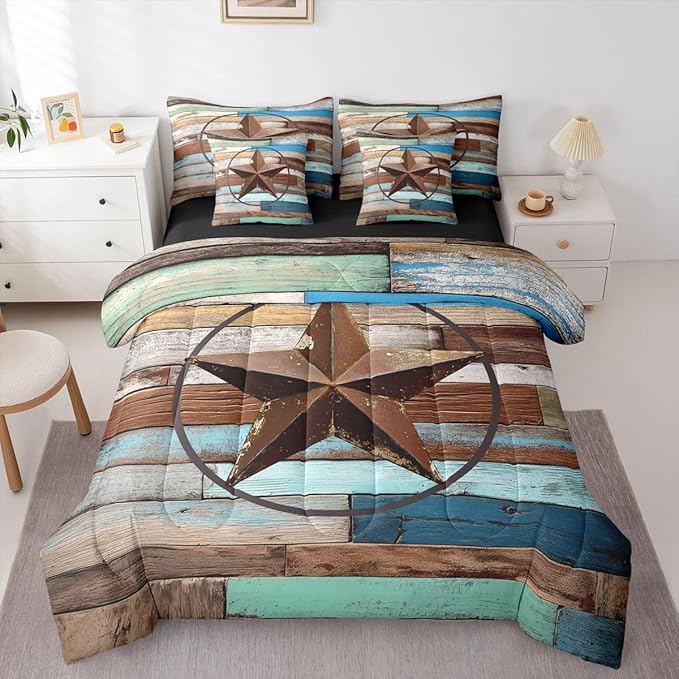 Erosebridal Texas Star 7 Piece Comforter Set Queen Bed in A Bag Retro Western Bedding Set for Kids Boys Girls Southwest Wooden Board Quilt Country Cabin Lodge Decor Sheet Set with Comforter