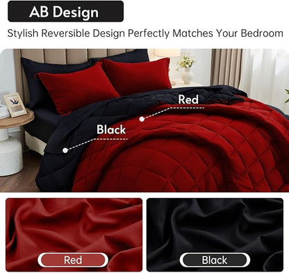 MUXHOMO 7 Pieces Full Comforter Set, Reversible Bed in a Bag Full Size, All Season Bedding Set with Comforter, Flat Sheet, Fitted Sheet, Pillowcases & Shams, Red & Black