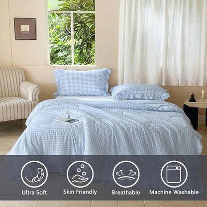 NSNLGSGC Light Blue Ruffle Gingham Comforter Set Queen, Pre-Washed Ruffled Plaid Checked Comforter Bedding, 3 Pieces Vintage Farmhouse Grid Bedding Set(Blue Gingham, Queen)