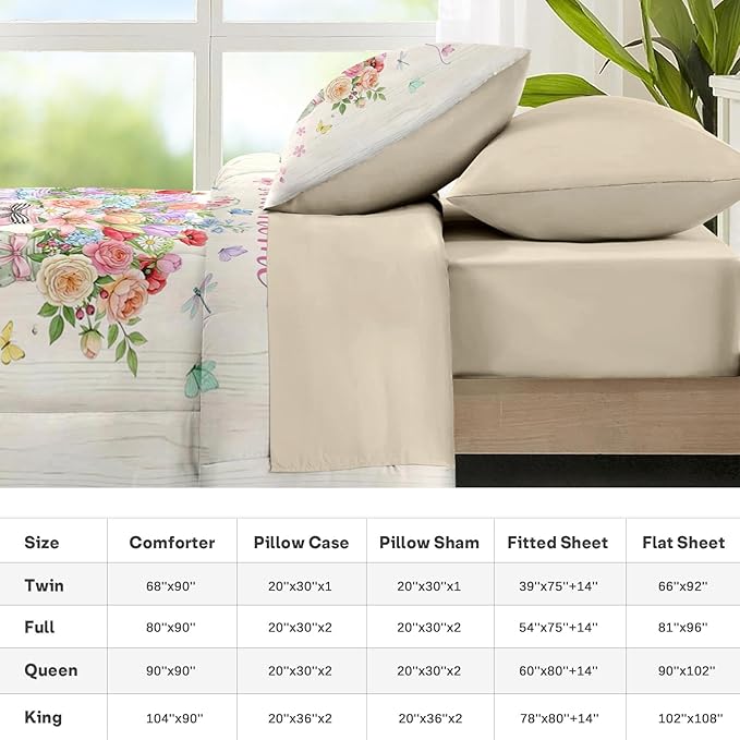 Nesker 7 Pcs Spring Comforter Set Full Size, Floral Butterflies Bedding Set for Kids and Adults, Pastel Flower Bed Sheet Sets with Fitted Sheet 2 Pillowcases & 2 Shams
