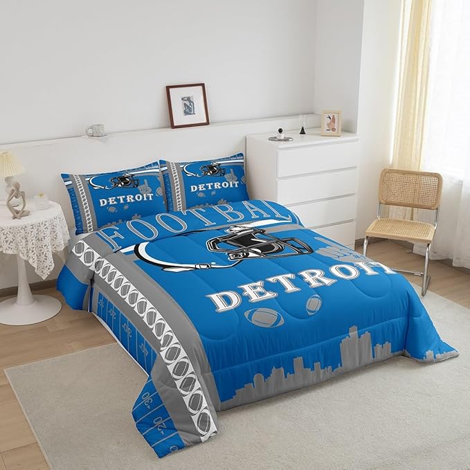 Feelyou Football Bedding Set Boys Girls Twin Size Women Men Rugby Sports Comforter Football City Duvet Quilt Gray Blue Room Decor