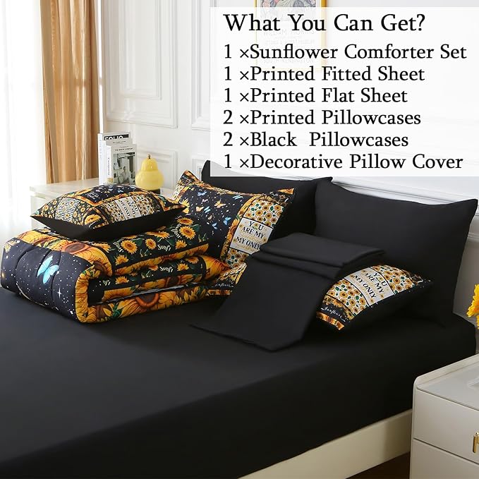 JQinHome Sunflower Comforter Set Full for Girls Women,8 Piece Bed in A Bag 3D Black Sunflower Theme Butterfly Bedding Set with Sheet Set(Black)