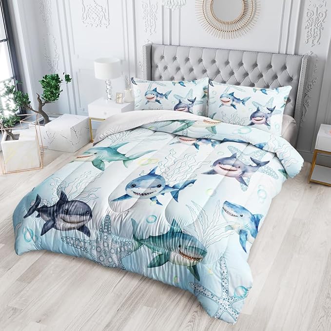 Boys Blue Ocean Shark Comforter Set Full Size Shark Starfish Bedding Sets Seaweed Quilt Bed Set for Kid Girls with 1 Comforter and 2 Pillowcases
