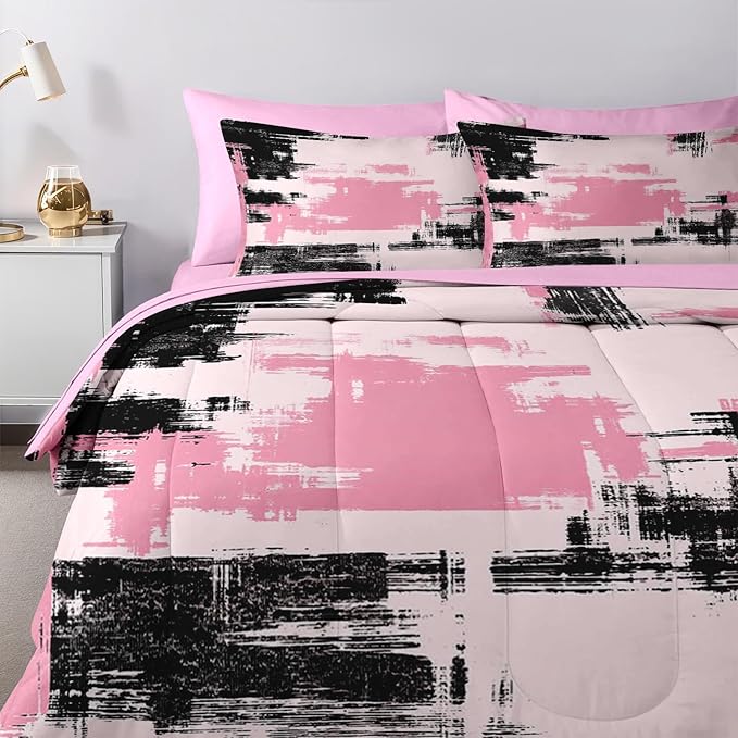 Nesker 7 Pcs Comforter Set King Size, Modern Abstract Graffiti Art Bedding Set for Kids and Adults, Children Pink Black Bed Sheet Sets with Fitted Sheet 2 Pillowcases & 2 Shams