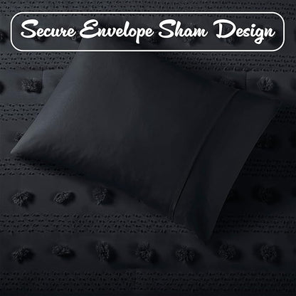 Intelligent Design Twin Comforter Set, Clipped Jacquard Comforter Set Chic Pompom Accent, All Seasons Lightweight & Fluffy Comforter Bed Set with 1 Sham, Lucy, Twin/Twin XL, Black 2 Piece