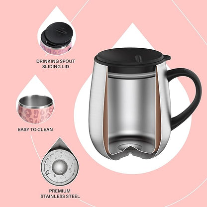 Ideus 16 oz (470 ml) Insulated Coffee Mug with Handle and Lid, Double Wall Stainless Steel Vacuum Thermal Coffee Mug, Travel Coffee Cup Thermal Cup for Home and Office, Leopard Pink