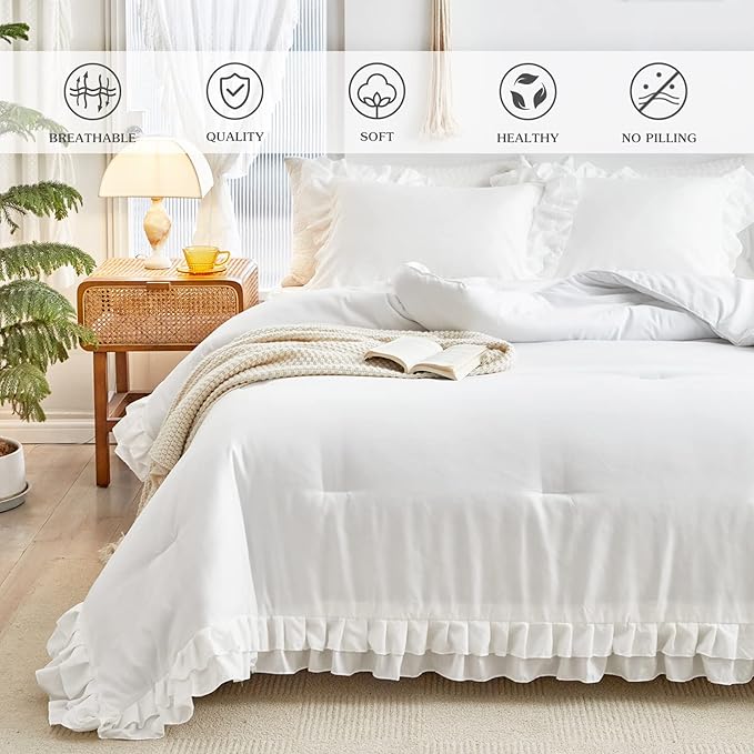 White Ruffle Comforter Set Full/Queen Size, 3-Piece (1 Ruffled Comforter and 2 Pillowcases) Farmhouse Shabby Chic Style with 2 Layers Ruffle, Solid Color Lightweight Fluffy Bedding Sets for All Season