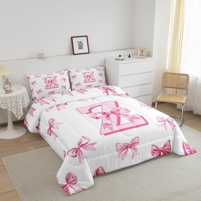 Erosebridal Kawaii Letter Z Bowknot Girls Bedding Set Dreamy Princess Style Queen Comforter Set for Kids Teen Women,Cute Initial Letter Z Bow Bedding Comforter Sets Pink Chic Girly Bed Set
