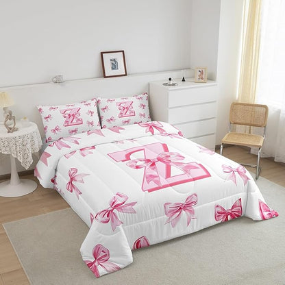 Erosebridal Kawaii Letter Z Bowknot Girls Bedding Set Dreamy Princess Style Queen Comforter Set for Kids Teen Women,Cute Initial Letter Z Bow Bedding Comforter Sets Pink Chic Girly Bed Set