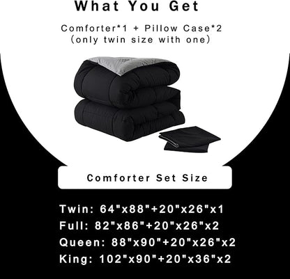 DOWNCOOL Queen Comforter Set -All Season Bedding Comforters Sets with 2 Pillow Cases-3 Pieces Bedding Sets Queen -Down Alternative Black/Grey Queen Size Comforter Sets(88"x92")