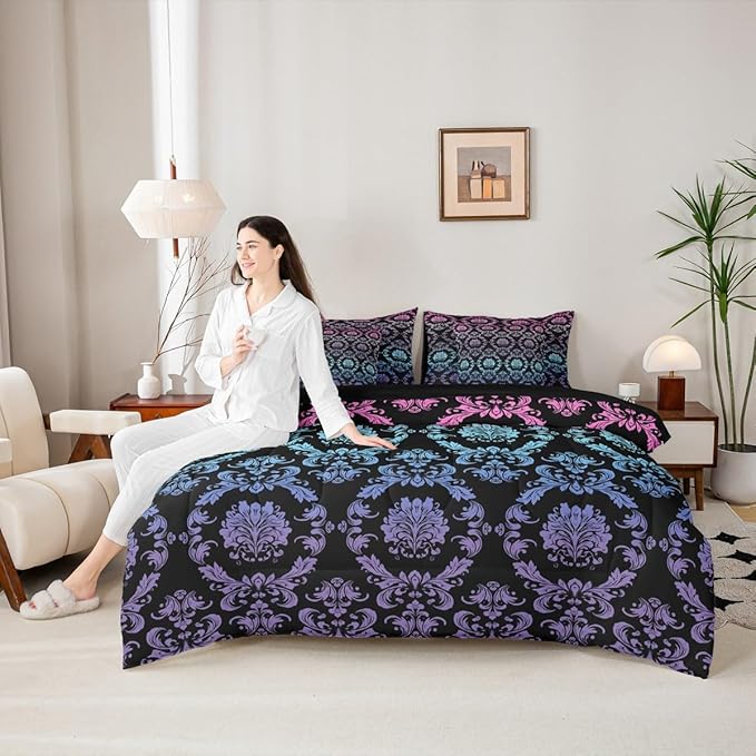 Erosebridal Gradient Rainbow Damask Bed in a Bag King Size Comforter Set 7-Piece | Antique Decor Gothic Vintage Floral Bedding Sets Goth Victorian Comforter and Sheet Set, Luxury Bohemian Room Decor