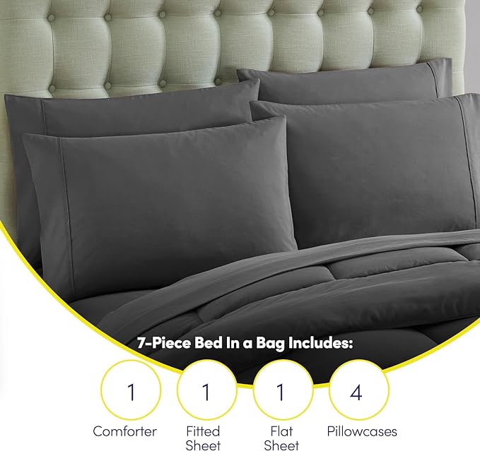 Full Size Comforter Set with Sheets - 7-Piece Bedding Collection - 1 Comforter, 1 Fitted Sheet, 1 Flat, 4 Pillowcases - Deep Pocket - Soft & Breathable Premium Quality - Ideal for All Seasons, Gray