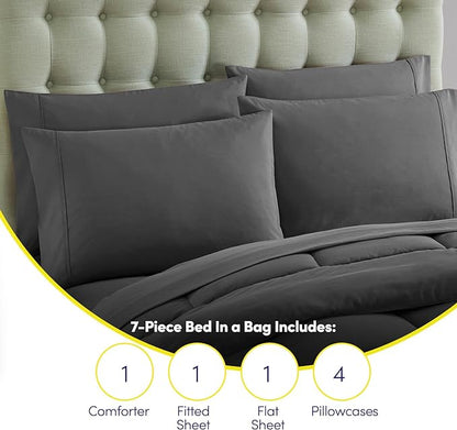 Full Size Comforter Set with Sheets - 7-Piece Bedding Collection - 1 Comforter, 1 Fitted Sheet, 1 Flat, 4 Pillowcases - Deep Pocket - Soft & Breathable Premium Quality - Ideal for All Seasons, Gray
