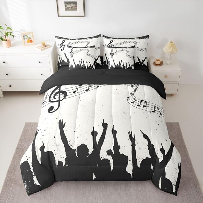 Erosebridal Music Stave Note Black Beige King 7-Piece Comforter Set | Swirl Guitar Piano Sheets and Pillowcases Aesthetic Kids Bed in A Bag Adults Women Men Bed Sets