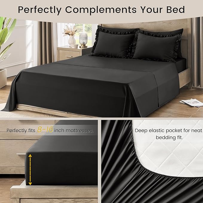 QUIETSEA Queen Bed in a Bag 7 Pieces Comforter Set Queen, Ruffle Bedding Comforter Set Black Bed Set with Comforter, Pillowcases, Flat Sheet, Fitted Sheet and Pillow Shams
