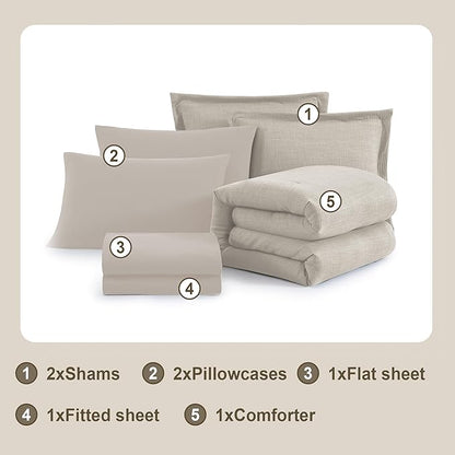 Geniospin Full Comforter Set - 7 Pieces Comforter Full Size, Solid Bedding Sets for All Season, Textured Bed in a Bag with Flat Sheet and Fitted Sheet, Pillowcases and Shams (Ivory, 80''x90'')