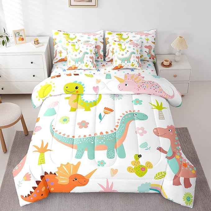 jejeloiu Kids Cartoon Dinosaur 7 Piece Bedding Set Queen Size Cute Dinosaur Comforter Set with Sheets for Boys Girls Teens Cute Flower Bed in a Bag Animal Bed Set