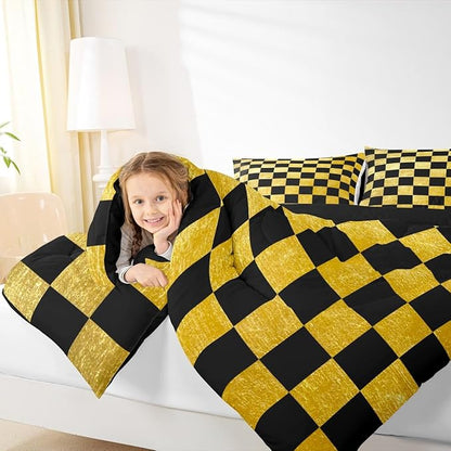 Feelyou Checkered Retro Kids Comforter Set King Size Golden Black Plaid Bedding Set Geometric Vintage Duvet Quilt for Kids Boys Girls Bedroom Modern Simple Groovy Aesthetic Decor