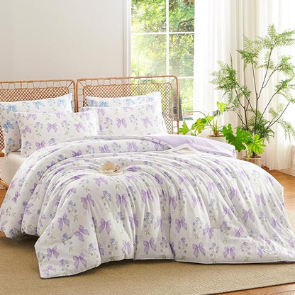 Purple Bow Comforter Set Queen 3 Pieces Floral Bedding Set for Girls Kids, Romantic Princess Style Bowknot Bedding, Ultra Soft Microfiber Garden Flower Comforter Sets with 2 Pillowcases