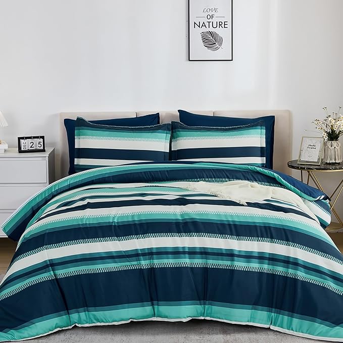 WONGS BEDDING Queen Comforter Set, Teal Comforter Set Queen, 7 Pieces Striped Bed in a Bag, Soft Micorfiber Bedding Set with Comforter, Flat Sheet, Fitted Sheet, Pillow Shams, Pillowcase