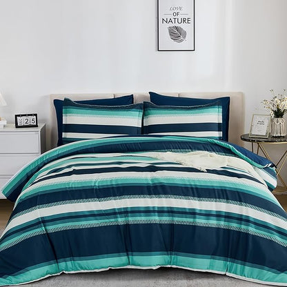 WONGS BEDDING Queen Comforter Set, Teal Comforter Set Queen, 7 Pieces Striped Bed in a Bag, Soft Micorfiber Bedding Set with Comforter, Flat Sheet, Fitted Sheet, Pillow Shams, Pillowcase