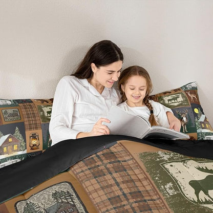 Farmhouse Bear Comforter Set Queen, Rustic Cabin Lodge Down Comforter, Retro Woodland Deer Bedding Comforter Sets, Hunting Wild Animal Plaid Checkered Quilt with 2 Pillow Cases Bedroom Decor, Brown
